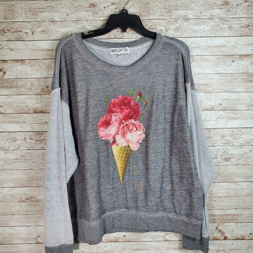 Wildfox Floral Cone Sweater Grey Baggy Jumper